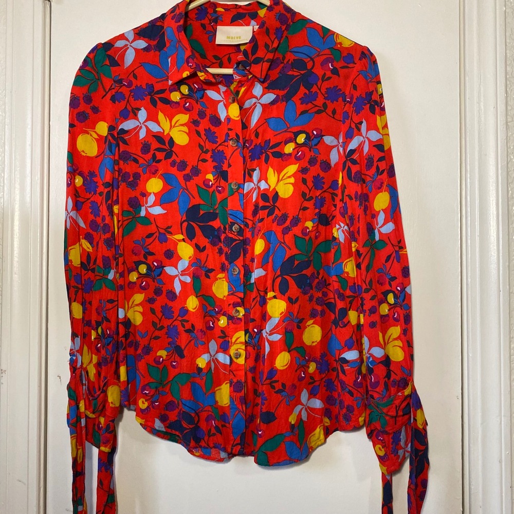 Maeve Anthropologie Floral‎ Print Long Sleeve Blouse Button Down Red Multicolor